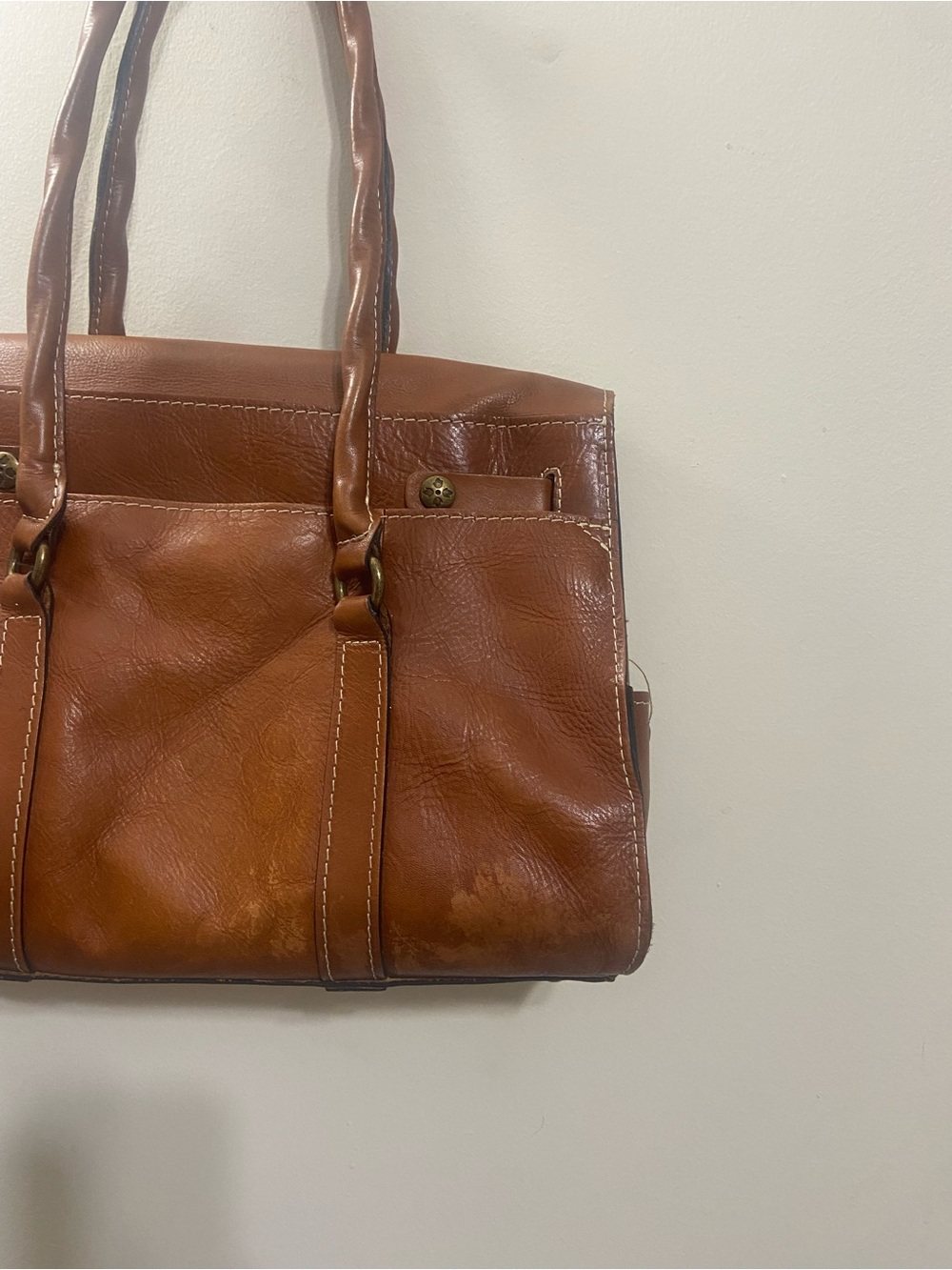 Patricia Nash Cognac Brown Leather Satchel with Twist Handles - Picture 14 of 16